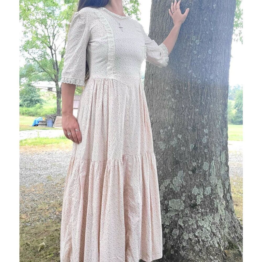 Vintage Prairie Dress Women's Small Pink Floral Print Lace Trim Long Cottage - Picture 10 of 12